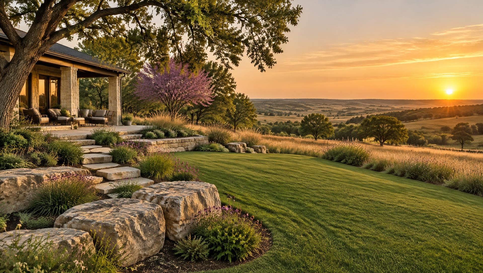 Kansas landscape with limestone boulders, mature trees and green lawn